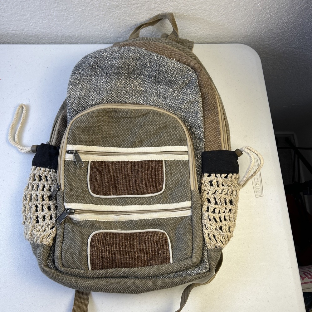 Earth Divas Burlap HEMP Tan Backpack Fair‎ Trade Nepal 15"x15"